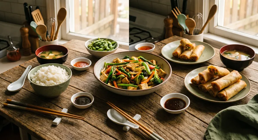 East Asian home-style dinner plated on a kitchen counter