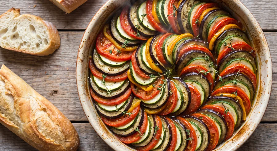 French home-style dinner plated on a kitchen counter
