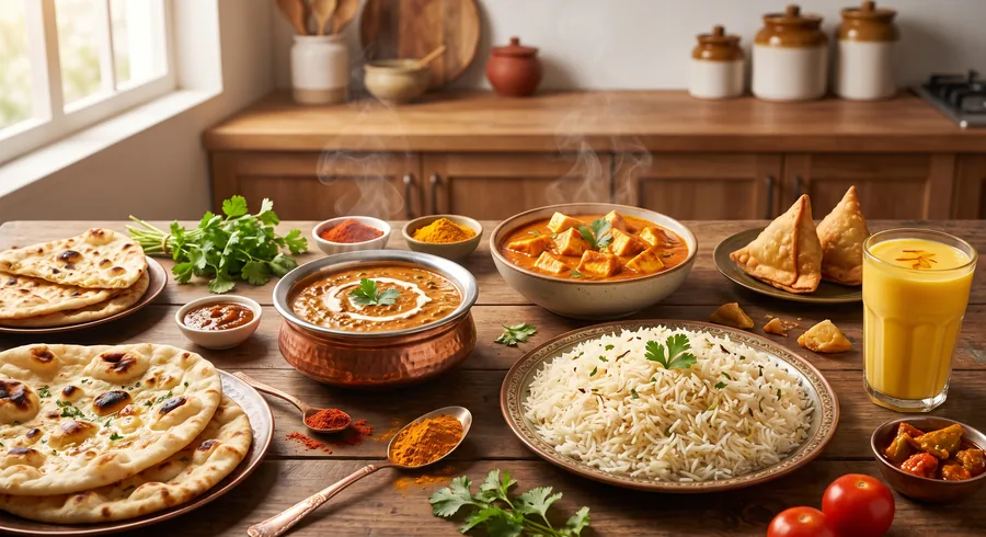 Indian home-style dinner plated on a kitchen counter