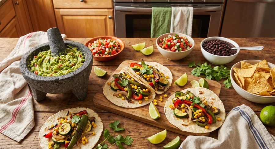 Mexican home-style dinner plated on a kitchen counter