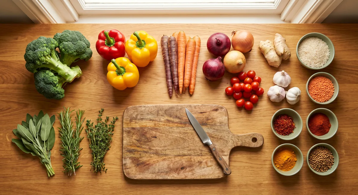Fresh grocery ingredients laid out on a counter