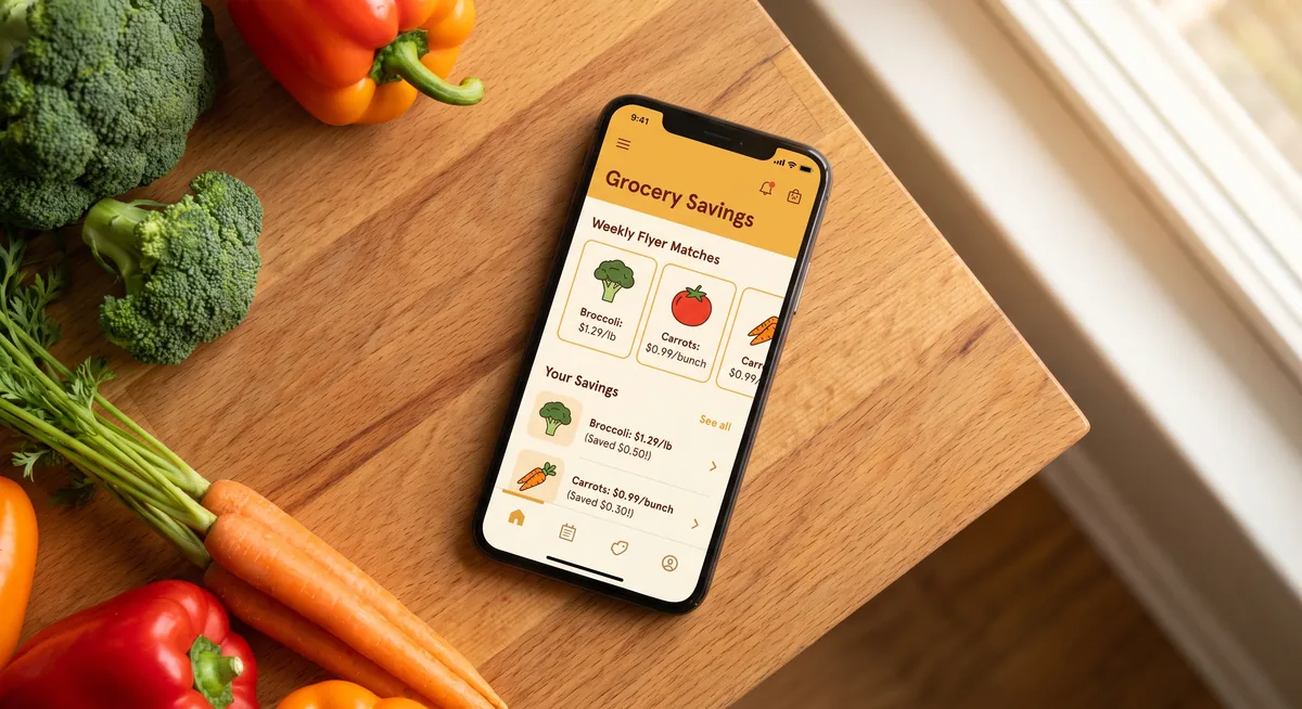 A phone showing matched flyer deals next to a grocery list