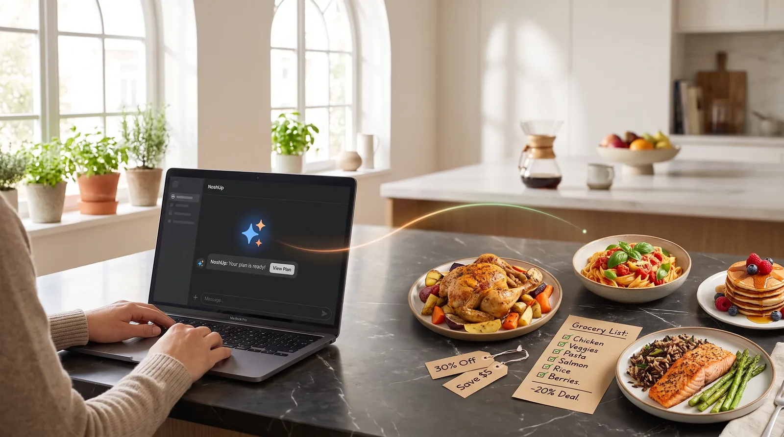 A person planning meals for their household in an AI chat assistant, with a grocery list and Canadian flyer deals alongside prepared food on a kitchen counter